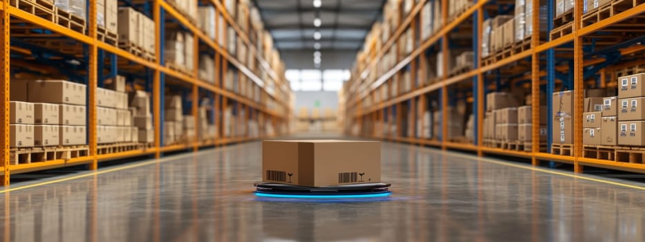 Robot holding tablet in warehouse filled with cardboard boxes, logistics technology concept, AI Generated