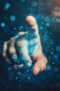 Finger touching digital fingerprint scanner on glowing virtual keyboard, identification concept, AI Generated
