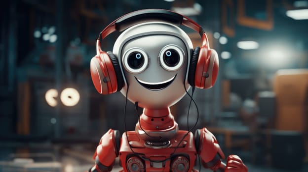 Smiling robot in headphones in a futuristic lab, concept of AI technology, background, AI generated