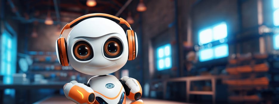 Smiling robot in headphones in a futuristic lab, concept of AI technology, background, AI generated