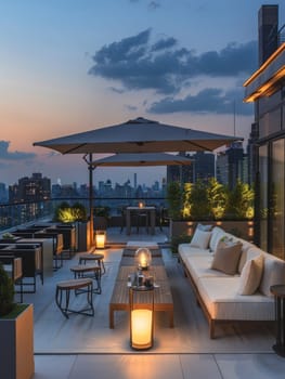 A dramatic cityscape at sunset, with illuminated skyscrapers and lush greenery framed under a vibrant sky