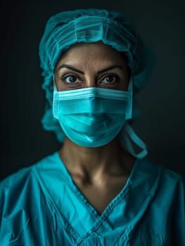 A medical professional in scrubs and protective gear gazes intently, their unwavering expression reflecting the gravity and dedication of their work