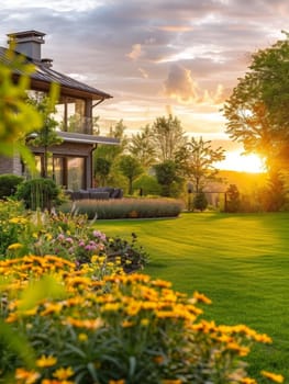 A stately country manor stands majestically against a vibrant sunset sky, surrounded by a meticulously landscaped garden.