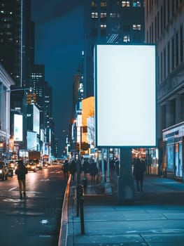 A large, illuminated billboard stands tall amidst the bustling nighttime cityscape, surrounded by buildings, streets, and pedestrians, creating a vibrant urban scene