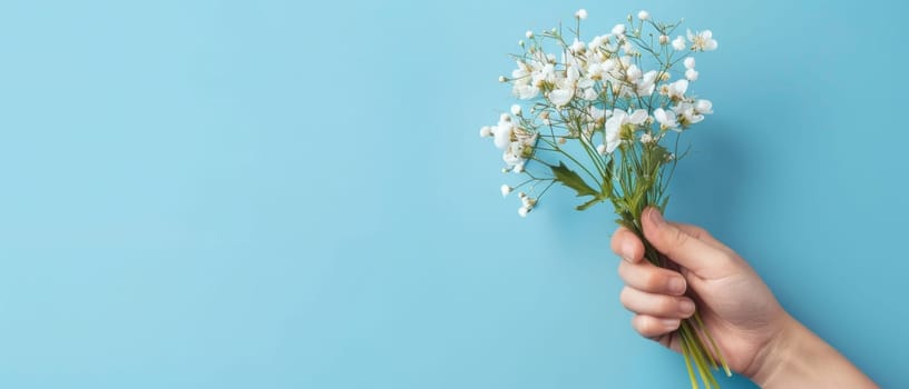 A hand holds a beautiful bouquet of fresh, delicate white flowers against a serene blue background, creating a calming and elegant visual composition
