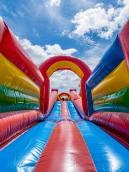 A thrilling cascade of brightly colored inflatable slides, winding through an expansive outdoor playground under a picturesque sky