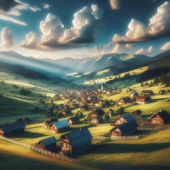 A picturesque mountain village with traditional wooden houses, surrounded by lush green hills and a vibrant sky. The scene is idyllic, suggesting a serene lifestyle. A high-quality photo.
