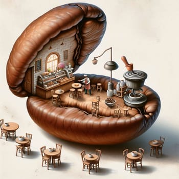 A miniature coffee shop nestled inside a coffee bean. The scene is whimsical and charming, evoking a sense of cozy comfort and the joy of coffee. A high-quality photo.