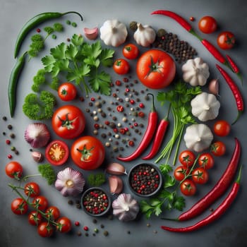 A colorful still life featuring various ingredients for a delicious meal, including tomatoes, garlic, chili peppers, parsley, and peppercorns. A high-quality photo.