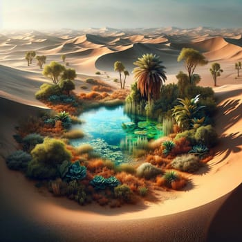 A serene oasis in the middle of a vast desert landscape. The oasis features a shimmering pool of water surrounded by lush vegetation, including desert plants. A high-quality photo.