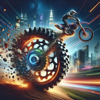 A dirt bike rider performing a daring stunt, jumping over a giant gear wheel and flying through the air with a city skyline in the background. The scene is dynamic and exciting. A high-quality photo.