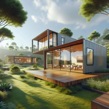 A modern, sustainable home built from shipping containers, featuring large windows and a spacious interior. The home is surrounded by lush greenery. A high-quality photo.
