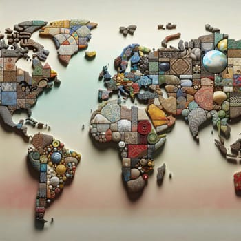 A world map created from a variety of textures and materials, representing the diversity and beauty of different cultures and landscapes. A high-quality photo.