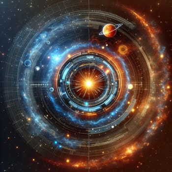 A futuristic, digital interface with a central hub surrounded by planets and stars. The scene represents the interconnectedness of the universe and and discovery. A high-quality photo.