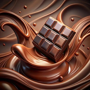 A chocolate bar sinking into a swirl of melted chocolate, creating a decadent and delicious scene. The image captures the smooth, rich texture and its irresistible appeal. A high-quality photo.