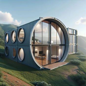 A unique home built from repurposed shipping containers, featuring a circular design with large windows overlooking a mountain range. The home is modern and stylish. A high-quality photo.