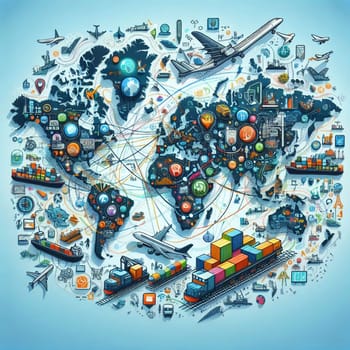A world map filled with icons representing various aspects of global connectivity and interconnectedness, including transportation, communication, and technology. A high-quality photo.
