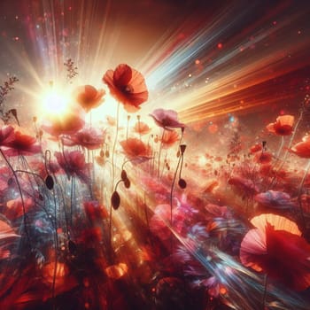 A field of red poppies bathed in a magical light, with streaks of light radiating from the sun. The scene is surreal and beautiful, evoking a sense of wonder and beauty. A high-quality photo.