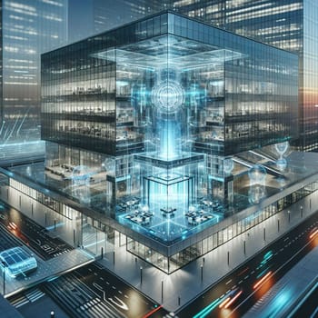 A futuristic cityscape with a glass building at its center, showcasing a holographic projection of an interior space. The scene represents the integration of technology. A high-quality photo.