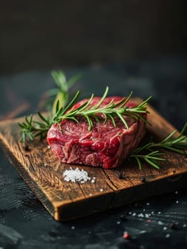 A thick, juicy prime beef fillet is presented on a rustic wooden board, garnished with fragrant rosemary sprigs and a dusting of coarse sea salt, creating an elegant and mouthwatering culinary display