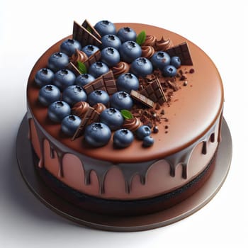 A chocolate cake topped with fresh blueberries, chocolate shavings, and a drizzle of chocolate ganache. A high-quality photo.