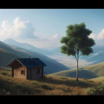 A small, wooden cabin nestled amidst rolling hills with a single tree standing tall in the foreground. The scene is bathed in warm, golden light, creating a sense of peace. A high-quality photo.