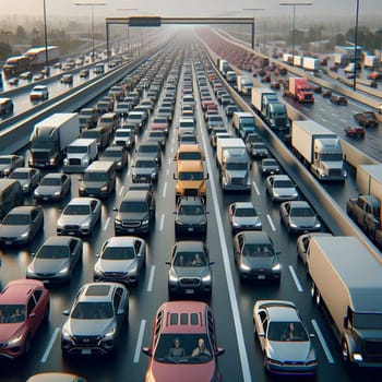 A long, winding highway filled with cars and trucks, creating a scene of traffic congestion. The highway stretches into the distance, highlighting the challenges. A high-quality photo.