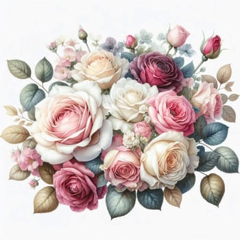 A beautiful bouquet of pink, white, and cream roses with green leaves and buds. The roses are arranged in a romantic and elegant style, creating a sense of love and beauty. A high-quality photo.