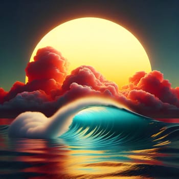 A large, golden sun setting behind a dramatic, crimson cloud over an ocean wave. The scene is surreal and beautiful, creating a sense of peace and tranquility. A high-quality photo.