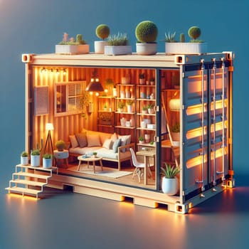 A modern, minimalist container home, filled with plants and furniture. The home is designed to be sustainable and self-sufficient, creating a sense of harmony with nature. A high-quality photo.