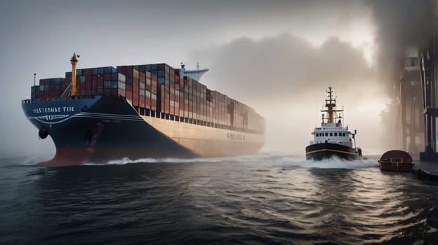 A large cargo ship being guided by a tugboat through a foggy harbor, representing the importance of maritime transportation and global trade. A high-quality photo.