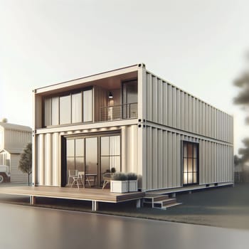 A modern two-story house built from repurposed shipping containers. The house has a spacious deck and large windows, creating a minimalist and contemporary aesthetic. A high-quality photo.