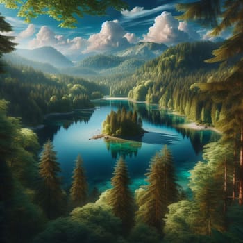 A serene lake nestled in a valley surrounded by lush green forests. The lake is crystal clear, reflecting the sky and surrounding trees. A high-quality photo.