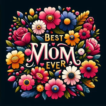 A colorful floral design with the words Best Mom Ever in the center. The flowers are vibrant and cheerful, creating a beautiful and heartfelt message for Mother's Day. A high-quality photo.