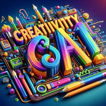 A colorful 3D illustration of the word CREATIVITY with AI inside, surrounded by art supplies. A high-quality photo.