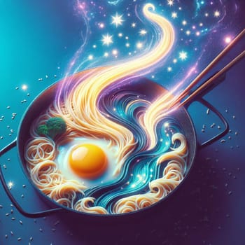 A steaming bowl of noodles with an egg yolk, broccoli, and a sprinkle of sesame seeds. The noodles are swirling with a magical glow, resembling a starry sky or galaxy. A high-quality photo.