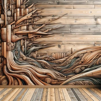 A wooden wall with a tree-like design, created using various shapes and textures of wood. A high-quality photo.