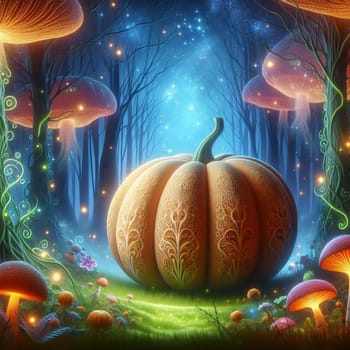 A fantasy illustration of a pumpkin with intricate carvings, surrounded by glowing mushrooms and fairy lights in a magical forest. A high-quality photo.