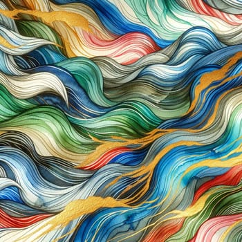 An abstract illustration of swirling waves in shades of blue, green, and red, with golden accents. A high-quality photo.