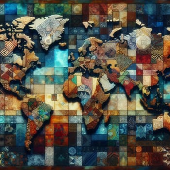 A world map illustration with intricate patterns and designs, representing the interconnectedness of the world. A high-quality photo.