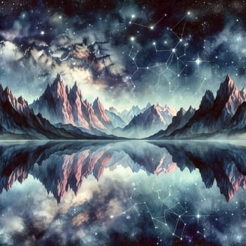 A mountain range reflected in a still lake, with a starry sky and constellations above. A high-quality photo.