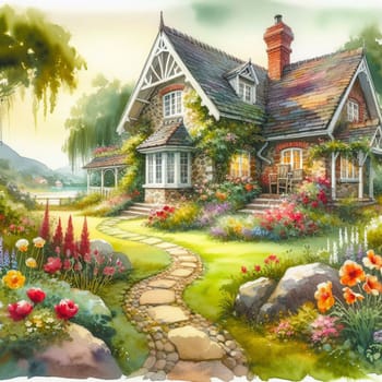 A watercolor illustration of a charming stone cottage with a flower garden and a winding path leading to the front door. A high-quality photo.
