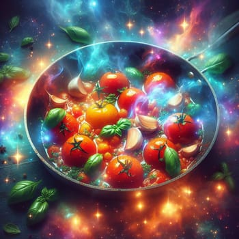 A surreal image of a pan filled with tomatoes, garlic, and basil, with a swirling, colorful smoke and stars, evoking a magical culinary experience. A high-quality photo.