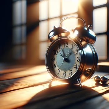 A vintage alarm clock resting on a wooden table. The clock is illuminated by warm, golden light streaming through a window, creating a cozy and inviting atmosphere. A high-quality photo.