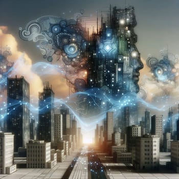 A surreal illustration of a cityscape with a human figure made of gears and mechanisms, representing the interconnectedness of technology and humanity. A high-quality photo.
