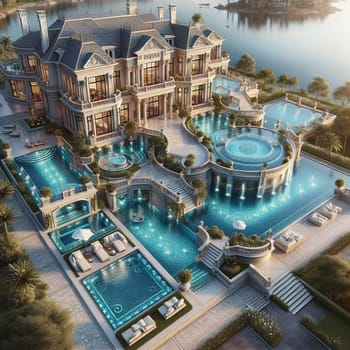A aerial view of a luxurious mansion with multiple pools, fountains, and landscaping. A high-quality photo.