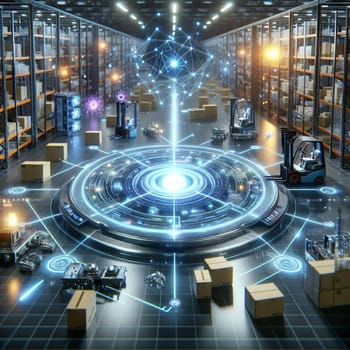 A futuristic illustration of a warehouse with automated robots and a glowing digital interface, representing the automation of logistics and supply chain management. A high-quality photo.