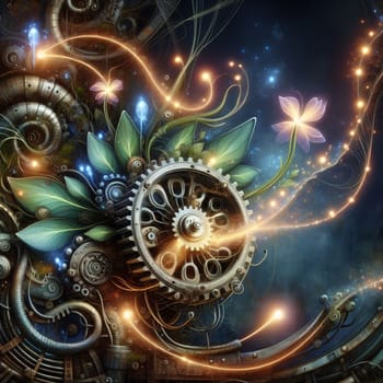 A steampunk-inspired illustration of a mechanical gear with glowing lights and vines growing around it. A high-quality photo.