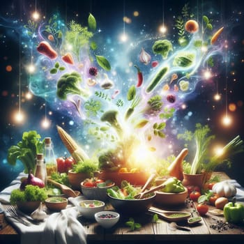 A surreal and vibrant illustration of a table filled with fresh vegetables, fruits, and herbs, with a burst of colorful light and ingredients flying upwards. A high-quality photo.