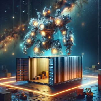 A futuristic illustration of a giant robot emerging from a shipping container, symbolizing the automation of logistics and the potential of technology. A high-quality photo.